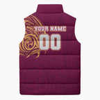 Personalized Brisbane Lions Polynesian Sleeveless Puffer Jacket Tribal Chest and Sleeve Tattoo Heritage Warrior