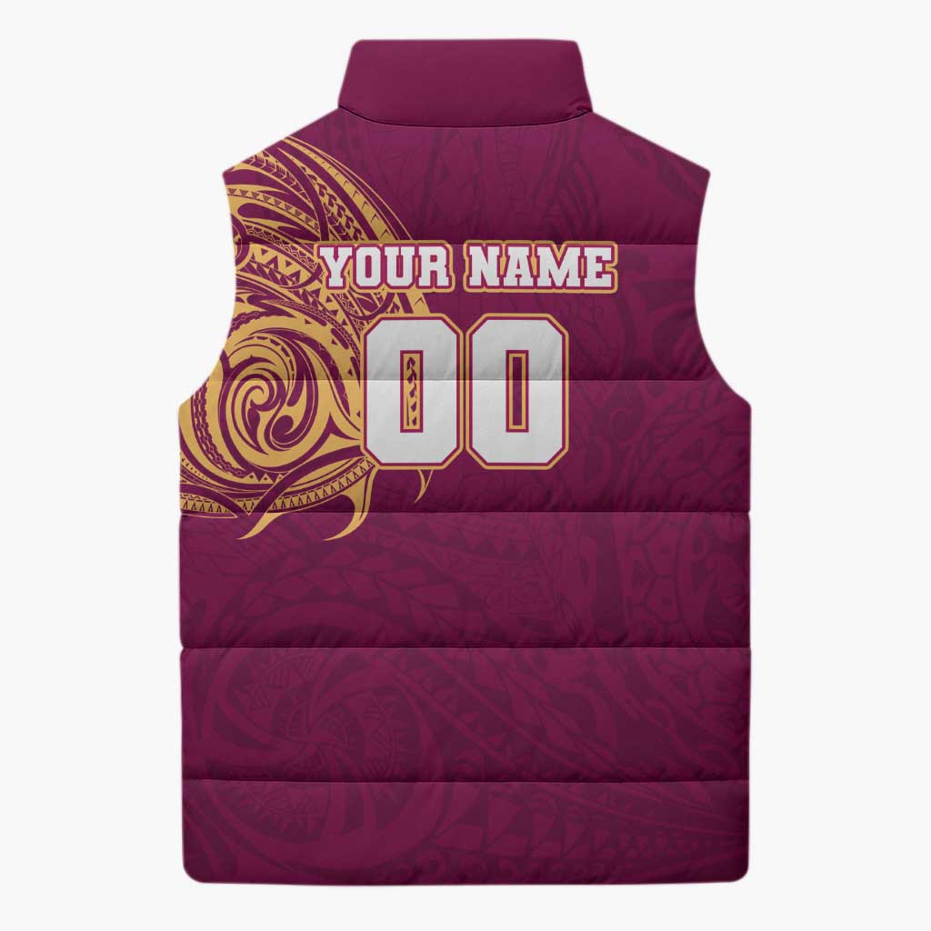 Personalized Brisbane Lions Polynesian Sleeveless Puffer Jacket Tribal Chest and Sleeve Tattoo Heritage Warrior