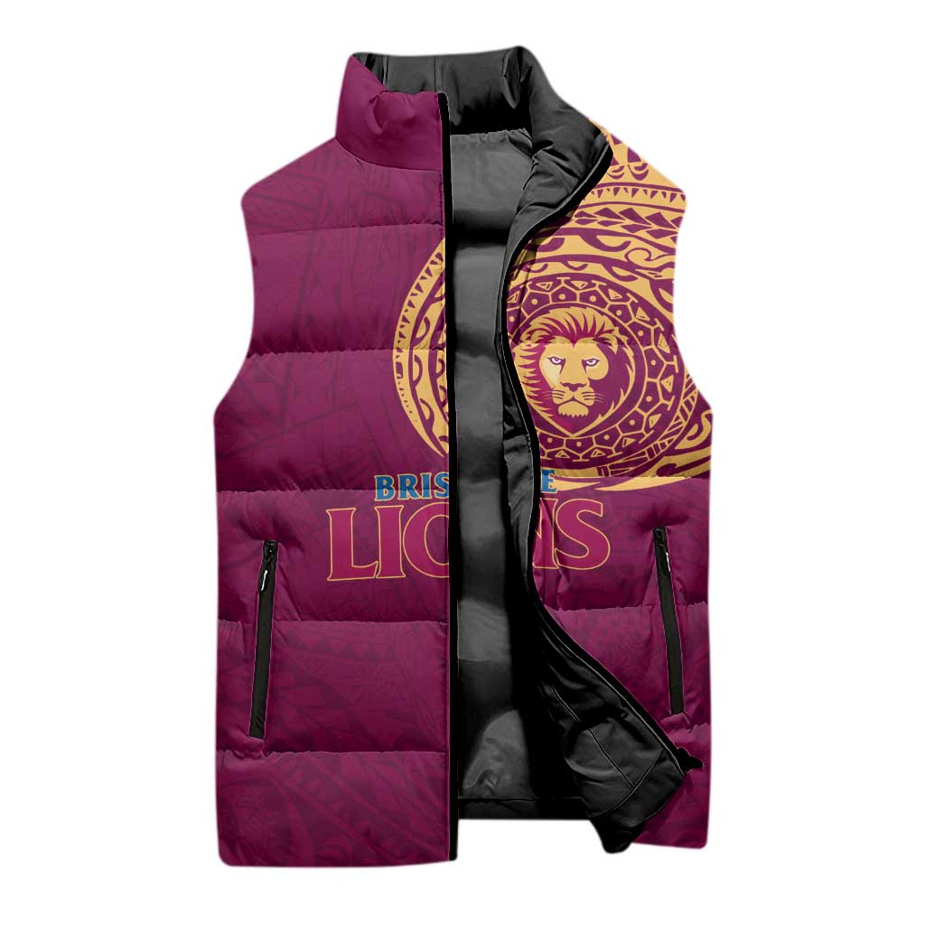 Personalized Brisbane Lions Polynesian Sleeveless Puffer Jacket Tribal Chest and Sleeve Tattoo Heritage Warrior
