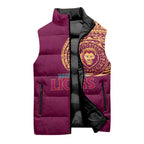 Personalized Brisbane Lions Polynesian Sleeveless Puffer Jacket Tribal Chest and Sleeve Tattoo Heritage Warrior