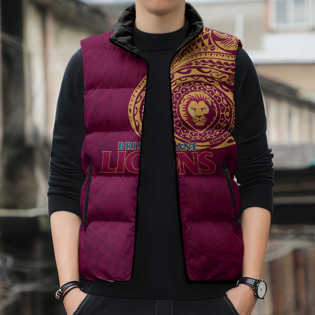 Personalized Brisbane Lions Polynesian Sleeveless Puffer Jacket Tribal Chest and Sleeve Tattoo Heritage Warrior