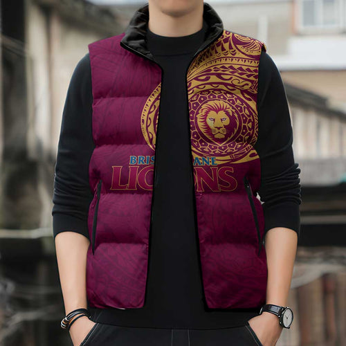 Personalized Brisbane Lions Polynesian Sleeveless Puffer Jacket Tribal Chest and Sleeve Tattoo Heritage Warrior
