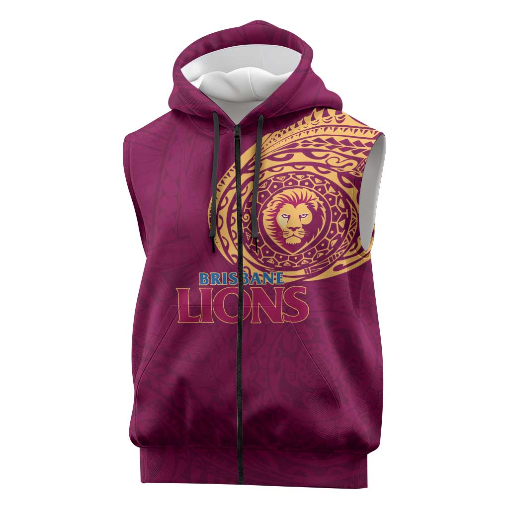 Personalized Brisbane Lions Polynesian Sleeveless Zip Hoodie Tribal Chest and Sleeve Tattoo Heritage Warrior