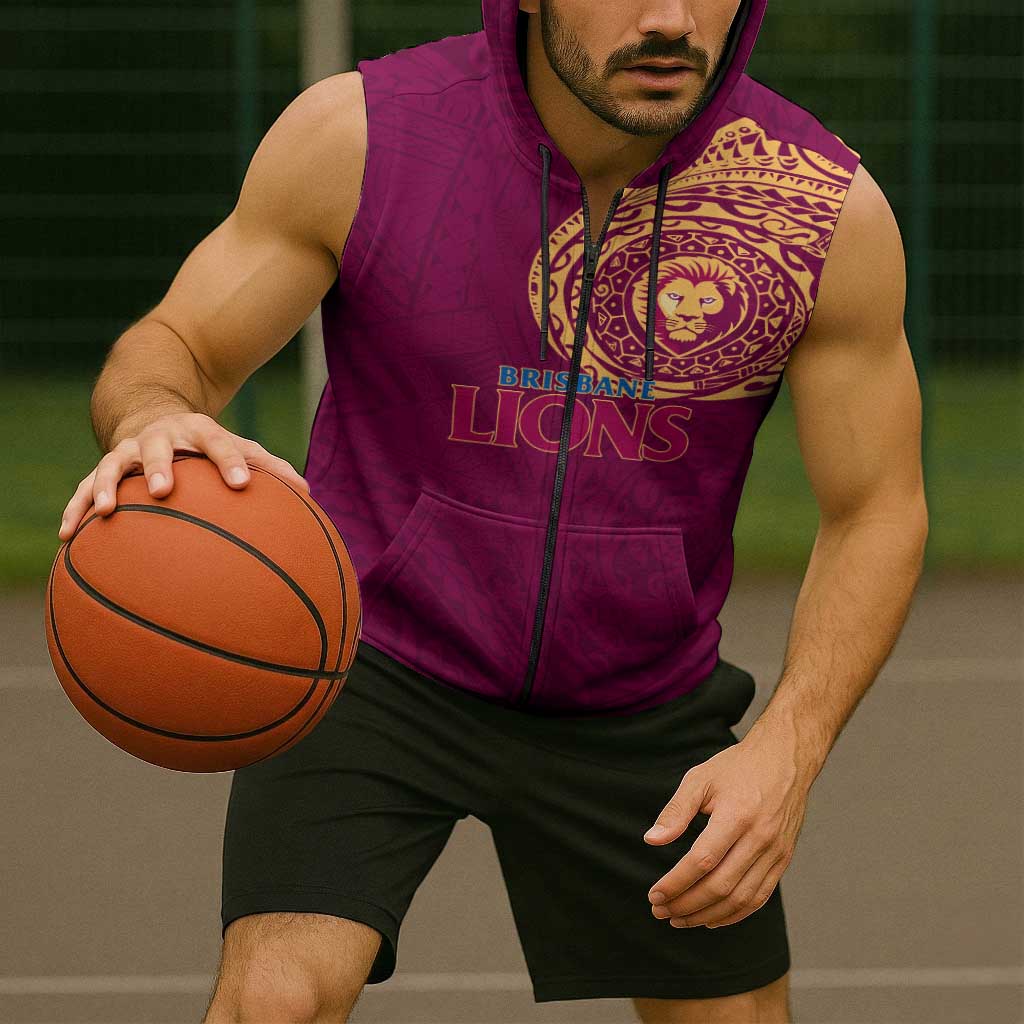 Personalized Brisbane Lions Polynesian Sleeveless Zip Hoodie Tribal Chest and Sleeve Tattoo Heritage Warrior