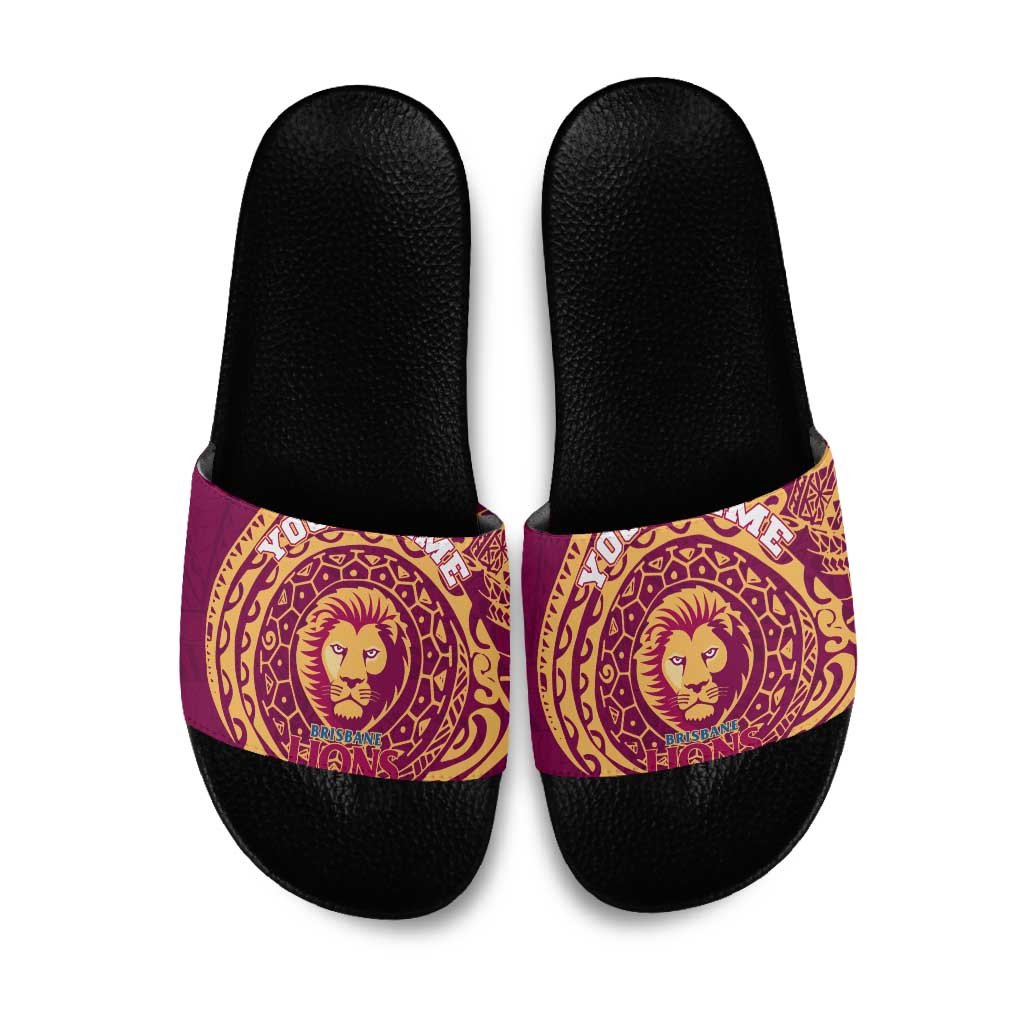 Personalized Brisbane Lions Polynesian Slide Sandals Tribal Chest and Sleeve Tattoo Heritage Warrior