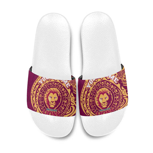 Personalized Brisbane Lions Polynesian Slide Sandals Tribal Chest and Sleeve Tattoo Heritage Warrior