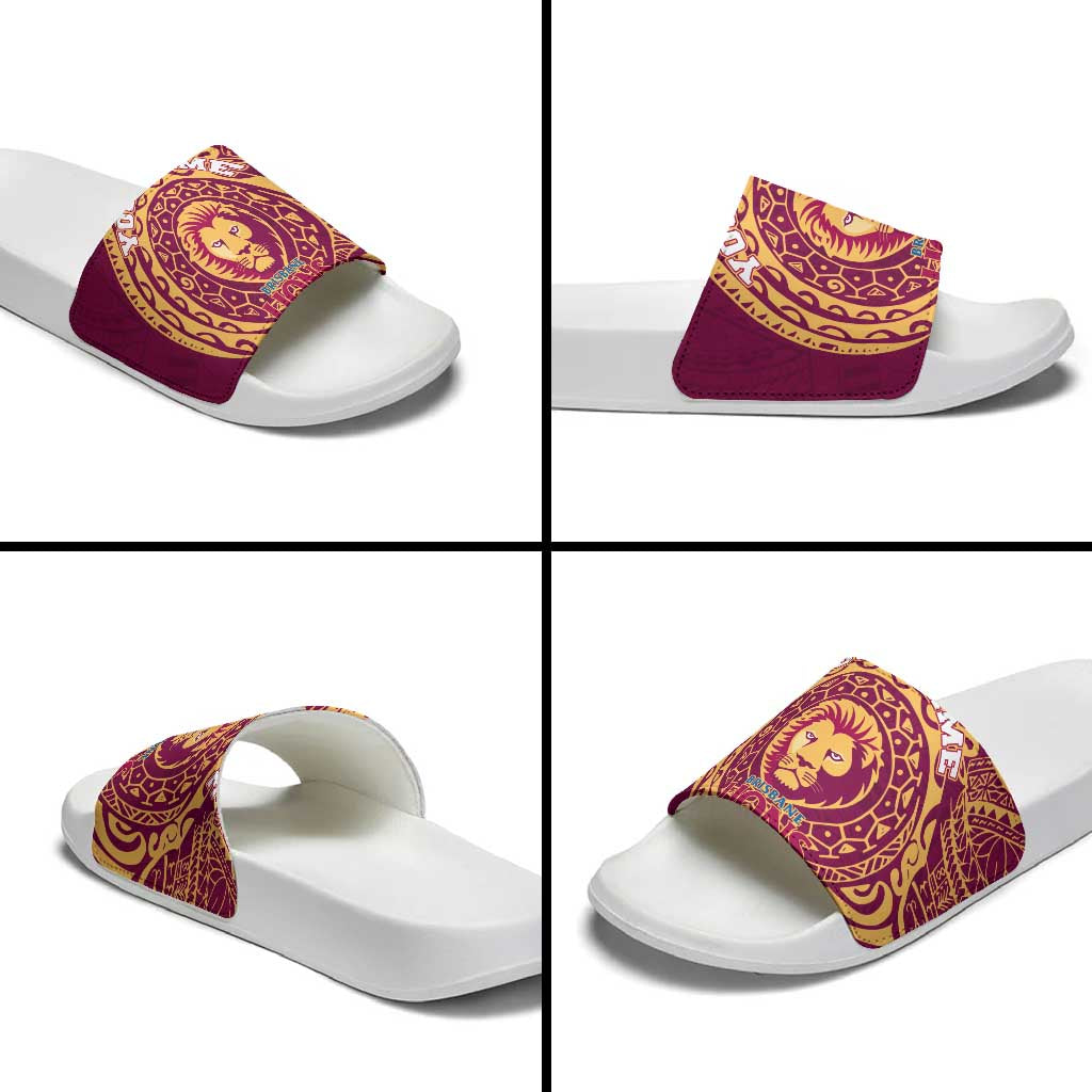 Personalized Brisbane Lions Polynesian Slide Sandals Tribal Chest and Sleeve Tattoo Heritage Warrior