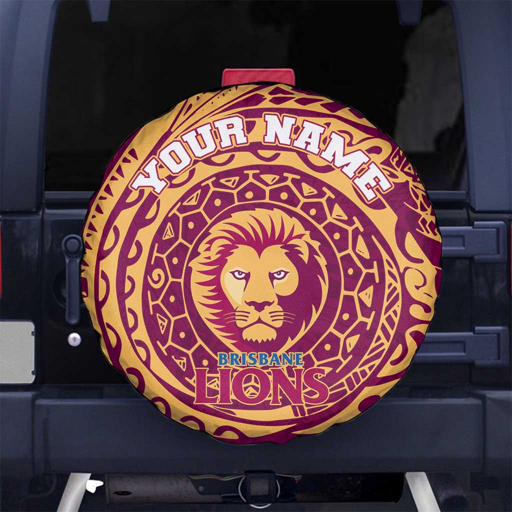 Personalized Brisbane Lions Polynesian Spare Tire Cover Tribal Chest and Sleeve Tattoo Heritage Warrior