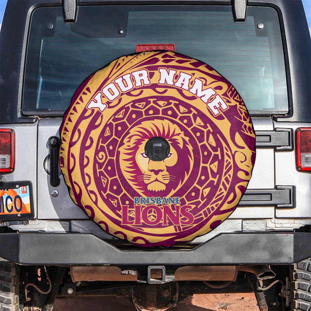 Personalized Brisbane Lions Polynesian Spare Tire Cover Tribal Chest and Sleeve Tattoo Heritage Warrior