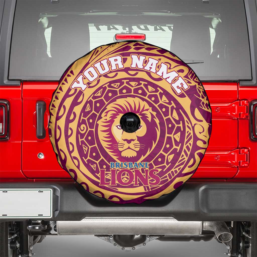 Personalized Brisbane Lions Polynesian Spare Tire Cover Tribal Chest and Sleeve Tattoo Heritage Warrior