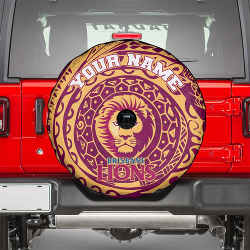 Personalized Brisbane Lions Polynesian Spare Tire Cover Tribal Chest and Sleeve Tattoo Heritage Warrior
