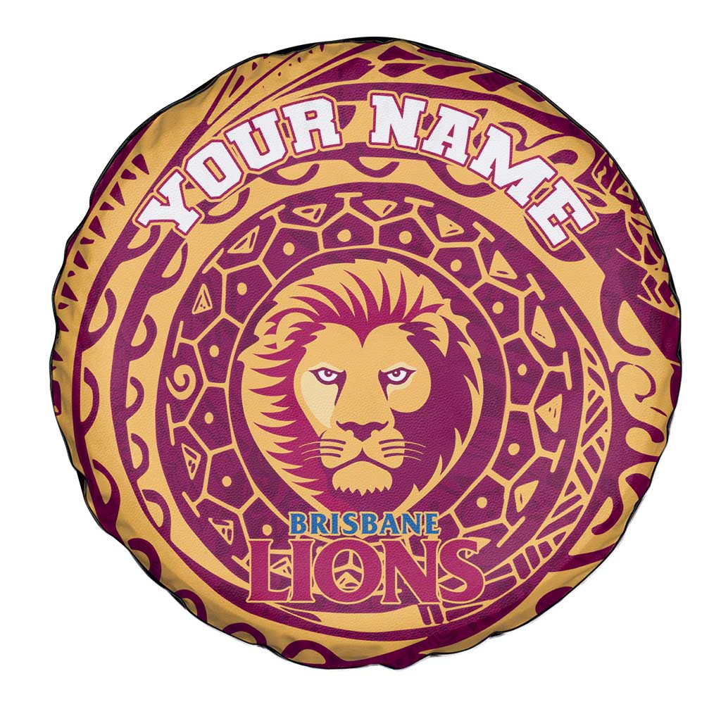 Personalized Brisbane Lions Polynesian Spare Tire Cover Tribal Chest and Sleeve Tattoo Heritage Warrior