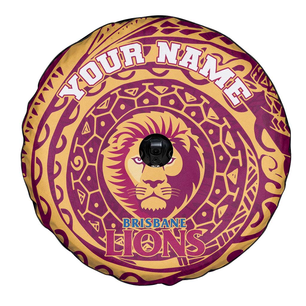 Personalized Brisbane Lions Polynesian Spare Tire Cover Tribal Chest and Sleeve Tattoo Heritage Warrior