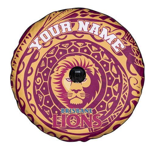 Personalized Brisbane Lions Polynesian Spare Tire Cover Tribal Chest and Sleeve Tattoo Heritage Warrior