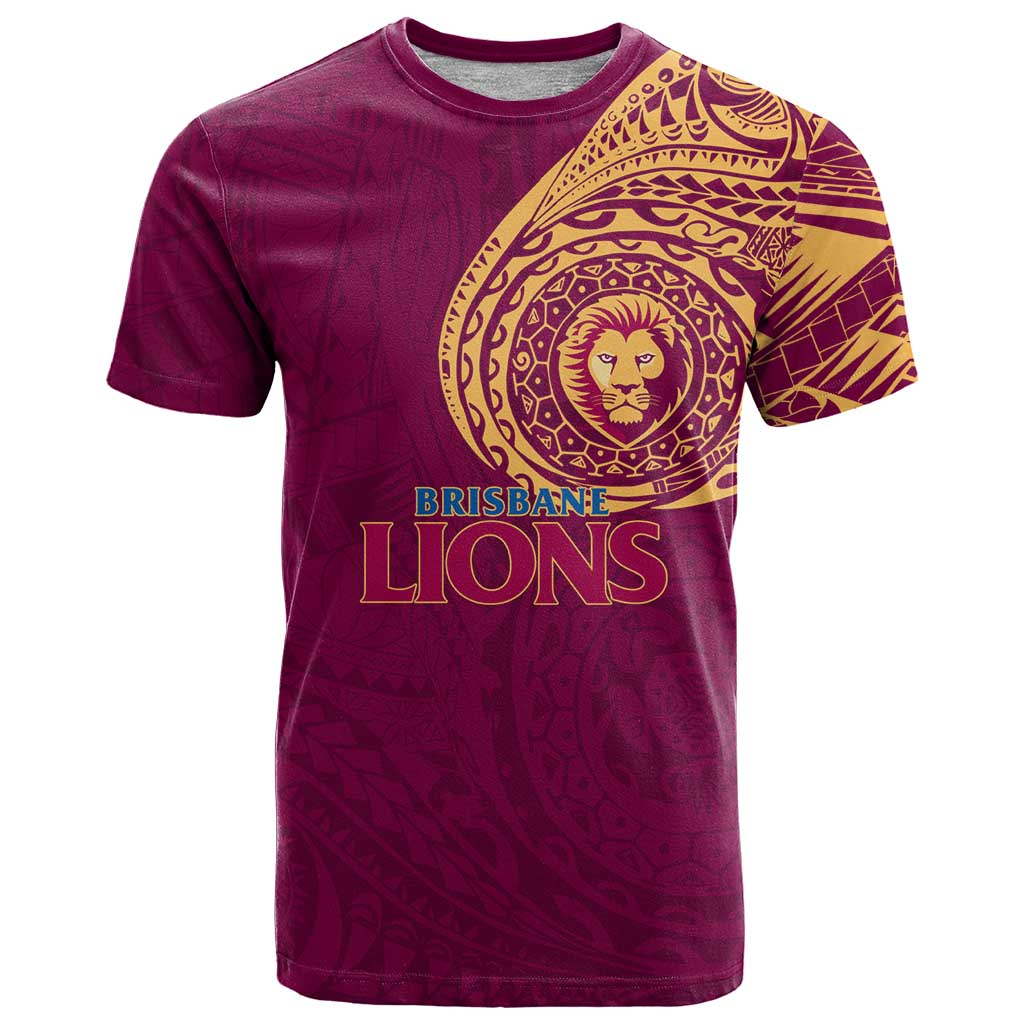 Personalized Brisbane Lions Polynesian T Shirt Tribal Chest and Sleeve Tattoo Heritage Warrior