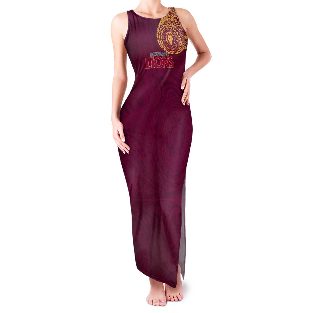 Personalized Brisbane Lions Polynesian Tank Maxi Dress Tribal Chest and Sleeve Tattoo Heritage Warrior