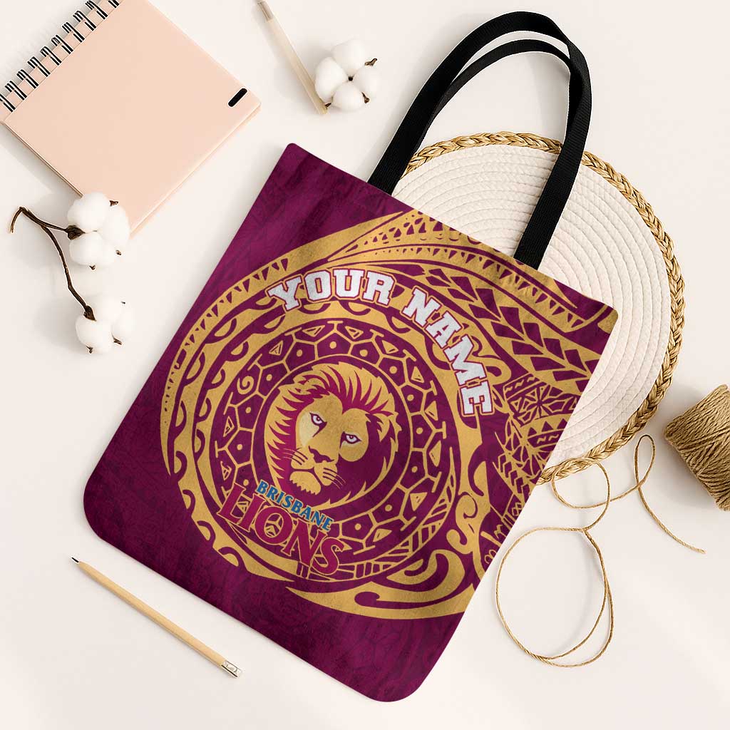 Personalized Brisbane Lions Polynesian Tote Bag Tribal Chest and Sleeve Tattoo Heritage Warrior