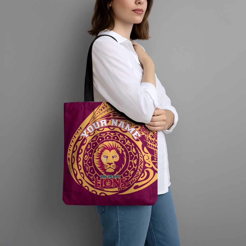 Personalized Brisbane Lions Polynesian Tote Bag Tribal Chest and Sleeve Tattoo Heritage Warrior