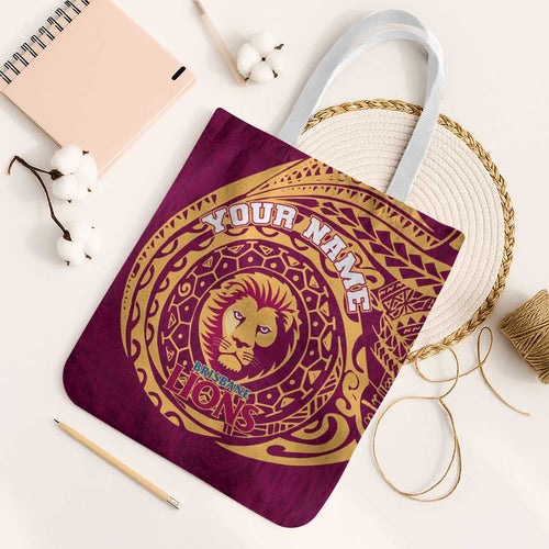 Personalized Brisbane Lions Polynesian Tote Bag Tribal Chest and Sleeve Tattoo Heritage Warrior