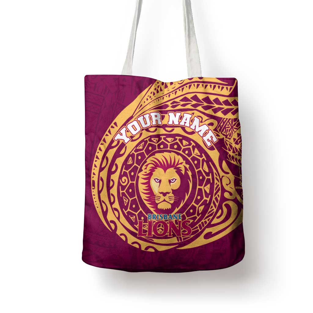 Personalized Brisbane Lions Polynesian Tote Bag Tribal Chest and Sleeve Tattoo Heritage Warrior