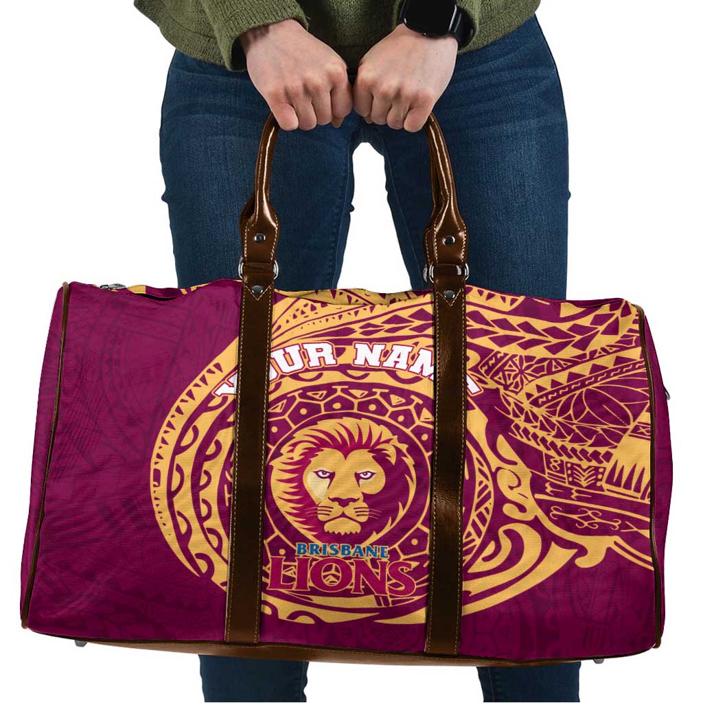 Personalized Brisbane Lions Polynesian Travel Bag Tribal Chest and Sleeve Tattoo Heritage Warrior