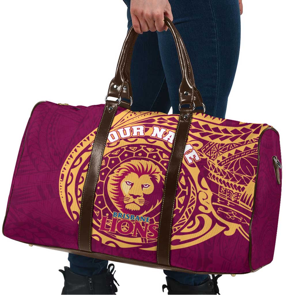 Personalized Brisbane Lions Polynesian Travel Bag Tribal Chest and Sleeve Tattoo Heritage Warrior