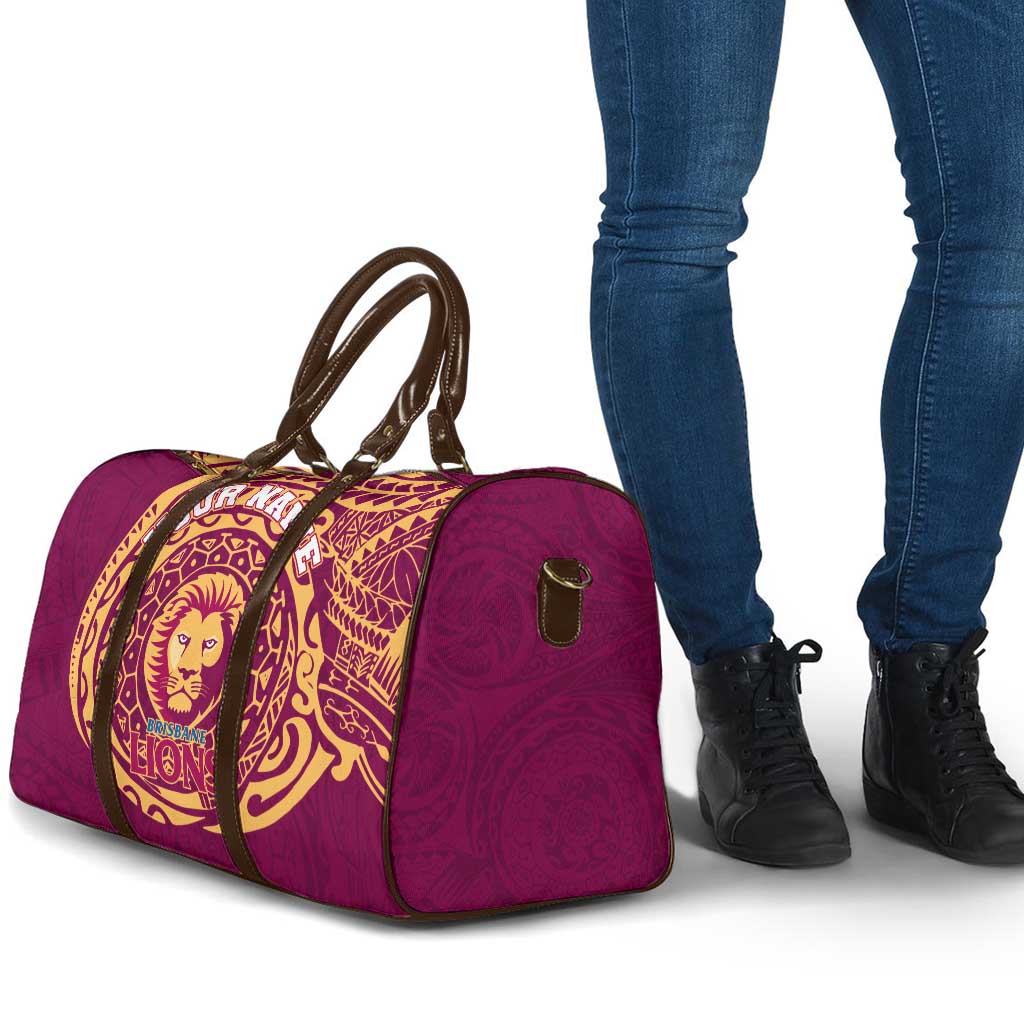 Personalized Brisbane Lions Polynesian Travel Bag Tribal Chest and Sleeve Tattoo Heritage Warrior