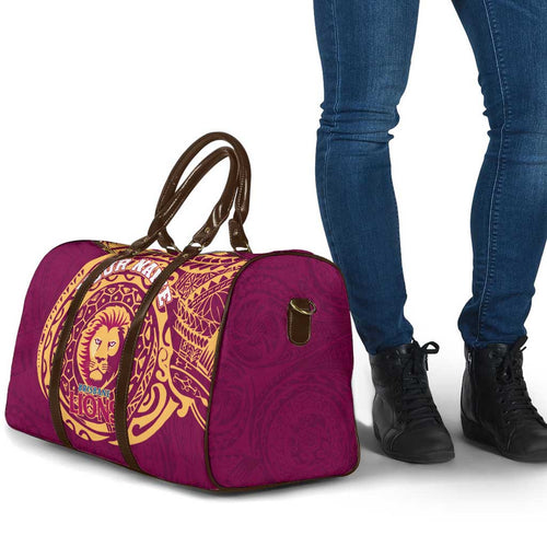 Personalized Brisbane Lions Polynesian Travel Bag Tribal Chest and Sleeve Tattoo Heritage Warrior