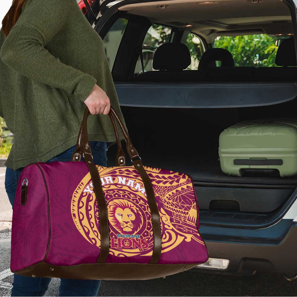 Personalized Brisbane Lions Polynesian Travel Bag Tribal Chest and Sleeve Tattoo Heritage Warrior