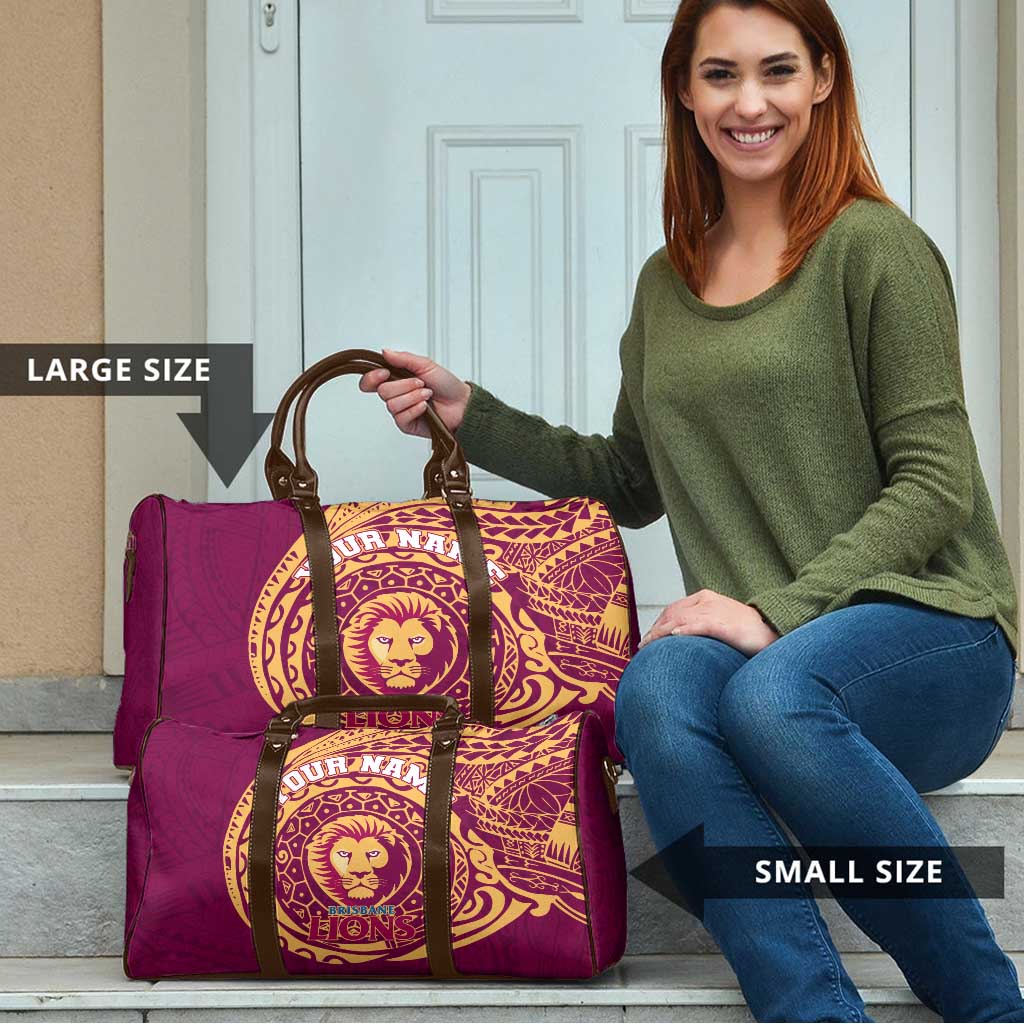 Personalized Brisbane Lions Polynesian Travel Bag Tribal Chest and Sleeve Tattoo Heritage Warrior