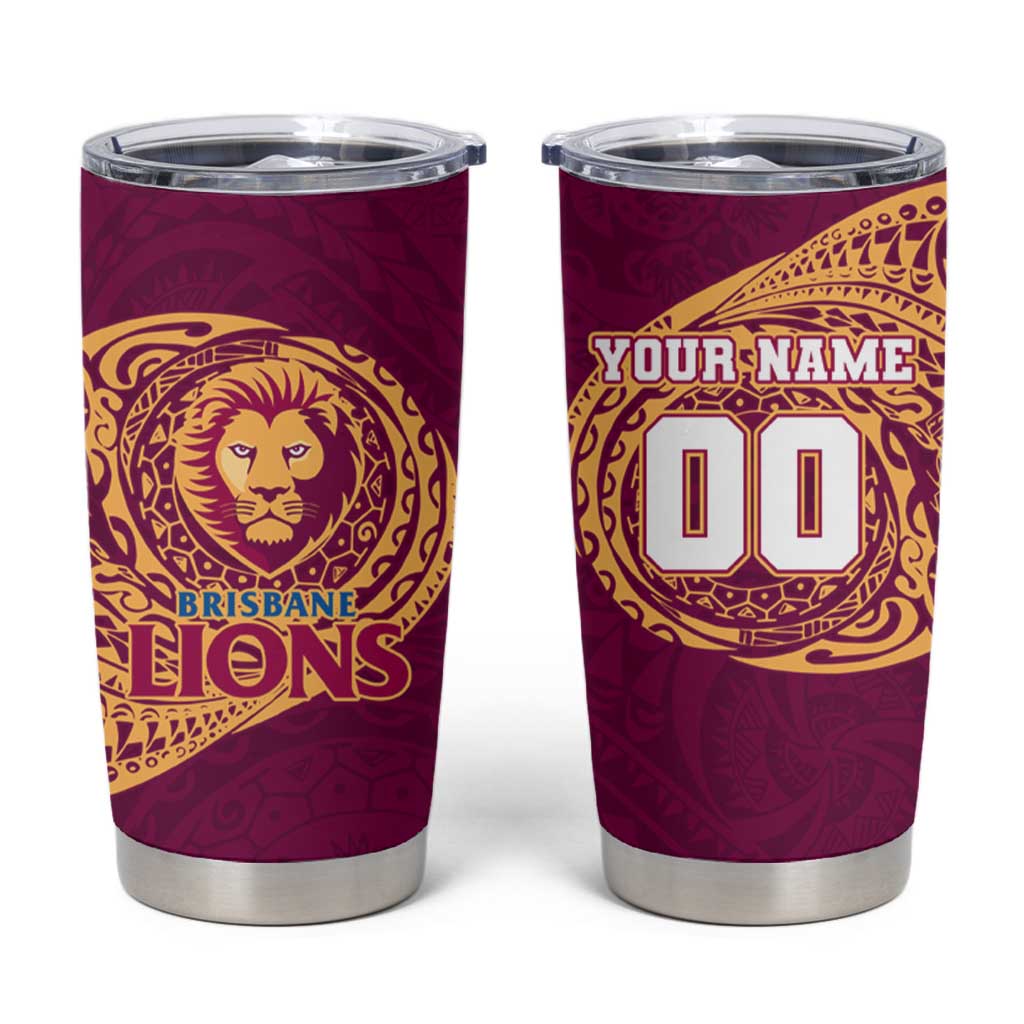 Personalized Brisbane Lions Polynesian Tumbler Cup Tribal Chest and Sleeve Tattoo Heritage Warrior