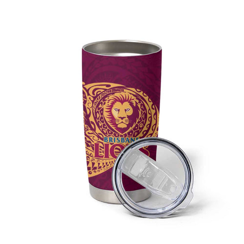 Personalized Brisbane Lions Polynesian Tumbler Cup Tribal Chest and Sleeve Tattoo Heritage Warrior