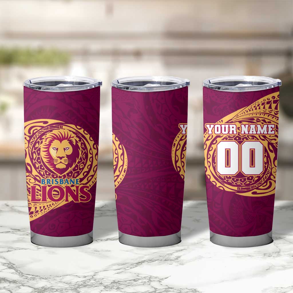 Personalized Brisbane Lions Polynesian Tumbler Cup Tribal Chest and Sleeve Tattoo Heritage Warrior