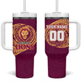 Personalized Brisbane Lions Polynesian Tumbler With Handle Tribal Chest and Sleeve Tattoo Heritage Warrior