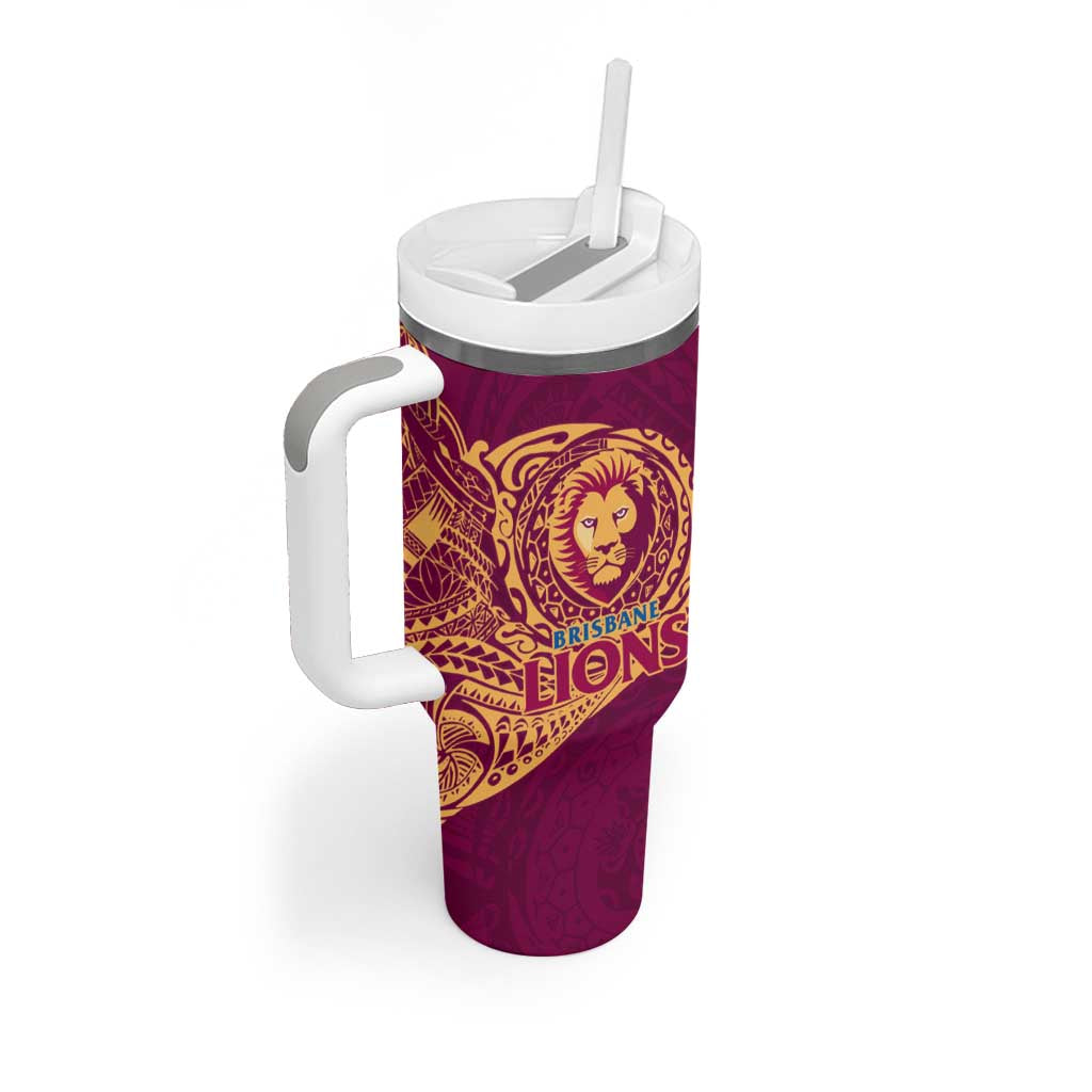 Personalized Brisbane Lions Polynesian Tumbler With Handle Tribal Chest and Sleeve Tattoo Heritage Warrior