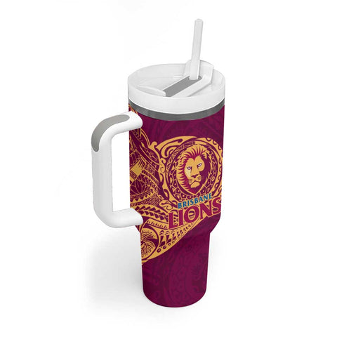 Personalized Brisbane Lions Polynesian Tumbler With Handle Tribal Chest and Sleeve Tattoo Heritage Warrior