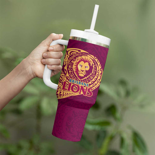 Personalized Brisbane Lions Polynesian Tumbler With Handle Tribal Chest and Sleeve Tattoo Heritage Warrior