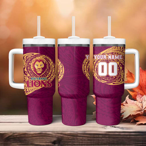 Personalized Brisbane Lions Polynesian Tumbler With Handle Tribal Chest and Sleeve Tattoo Heritage Warrior