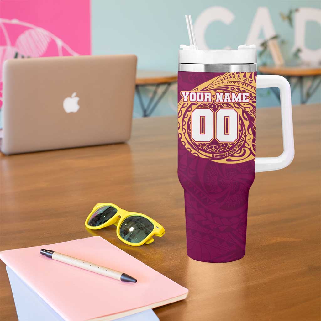 Personalized Brisbane Lions Polynesian Tumbler With Handle Tribal Chest and Sleeve Tattoo Heritage Warrior