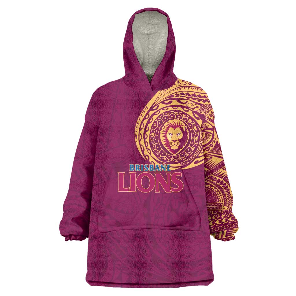 Personalized Brisbane Lions Polynesian Wearable Blanket Hoodie Tribal Chest and Sleeve Tattoo Heritage Warrior