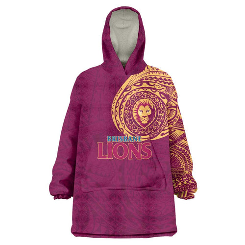 Personalized Brisbane Lions Polynesian Wearable Blanket Hoodie Tribal Chest and Sleeve Tattoo Heritage Warrior