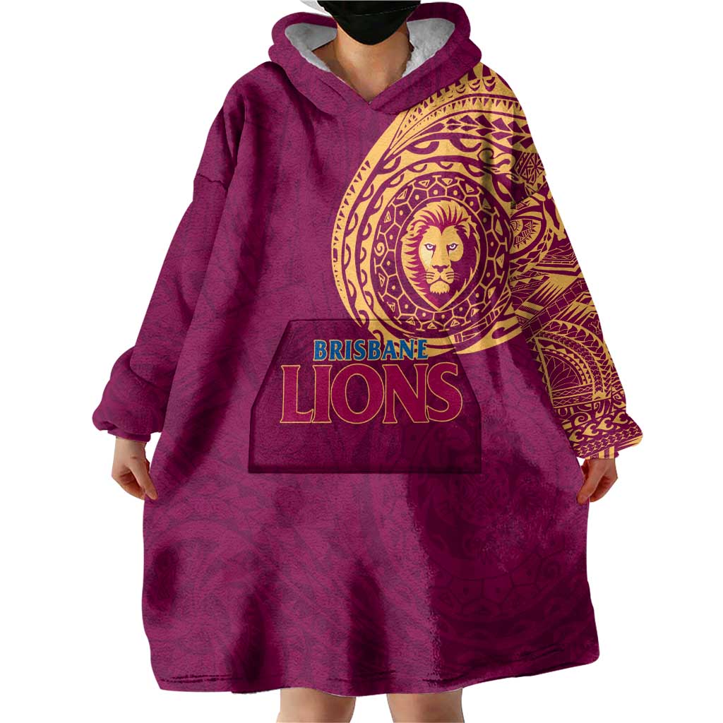 Personalized Brisbane Lions Polynesian Wearable Blanket Hoodie Tribal Chest and Sleeve Tattoo Heritage Warrior