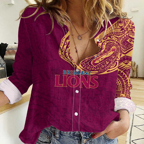Personalized Brisbane Lions Polynesian Women Casual Shirt Tribal Chest and Sleeve Tattoo Heritage Warrior