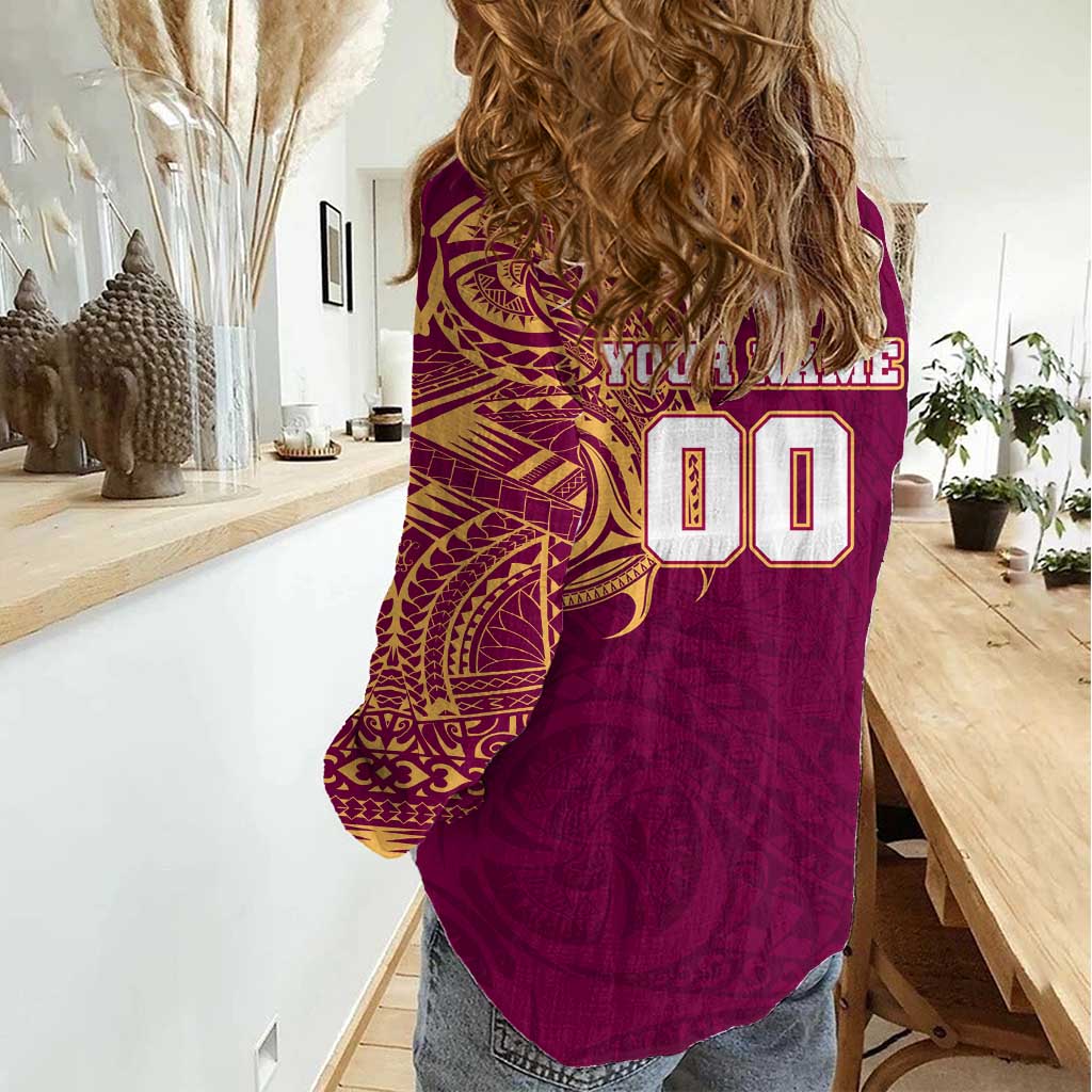 Personalized Brisbane Lions Polynesian Women Casual Shirt Tribal Chest and Sleeve Tattoo Heritage Warrior