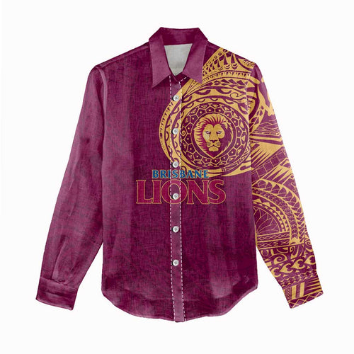 Personalized Brisbane Lions Polynesian Women Casual Shirt Tribal Chest and Sleeve Tattoo Heritage Warrior