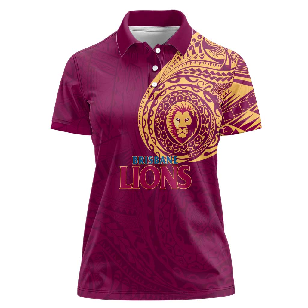 Personalized Brisbane Lions Polynesian Women Polo Shirt Tribal Chest and Sleeve Tattoo Heritage Warrior