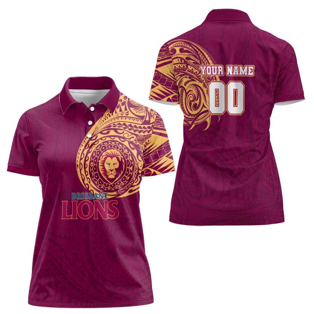 Personalized Brisbane Lions Polynesian Women Polo Shirt Tribal Chest and Sleeve Tattoo Heritage Warrior