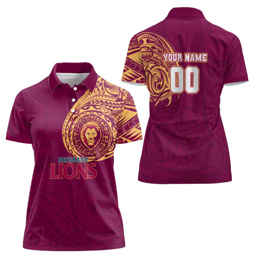 Personalized Brisbane Lions Polynesian Women Polo Shirt Tribal Chest and Sleeve Tattoo Heritage Warrior
