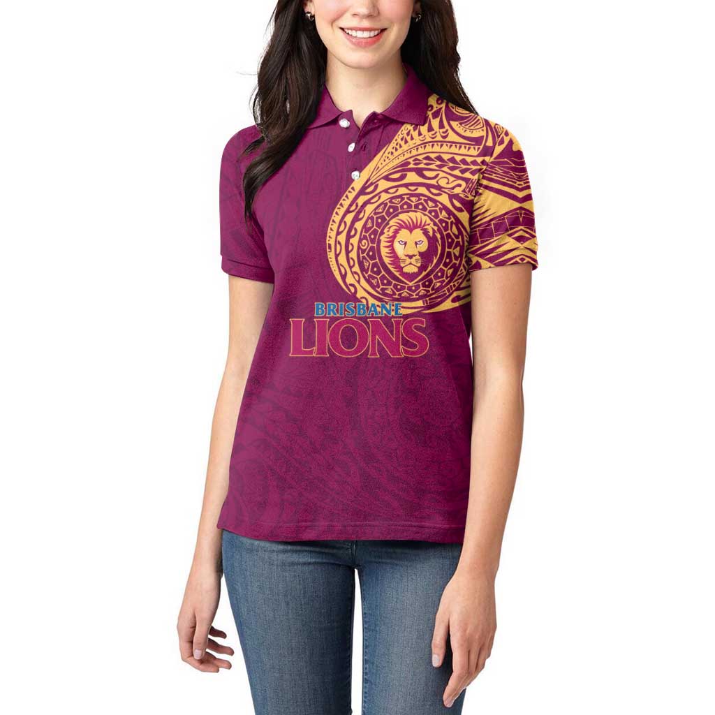 Personalized Brisbane Lions Polynesian Women Polo Shirt Tribal Chest and Sleeve Tattoo Heritage Warrior