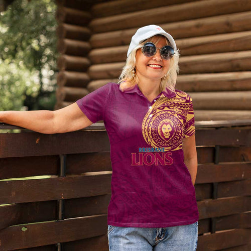 Personalized Brisbane Lions Polynesian Women Polo Shirt Tribal Chest and Sleeve Tattoo Heritage Warrior
